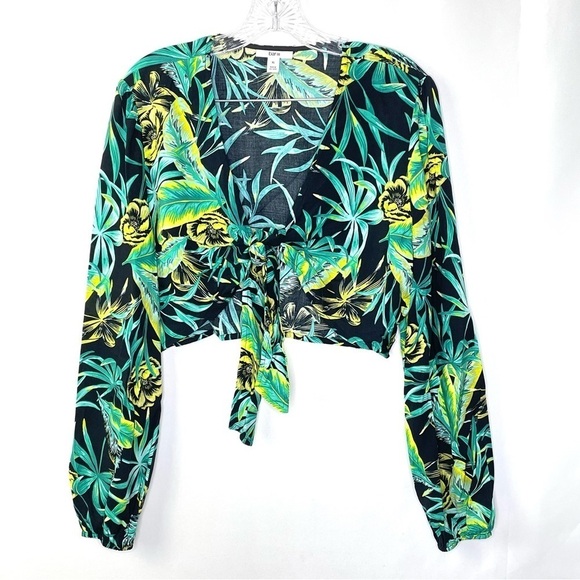 BAR III Floral Printed Black Tie Front Crop Top Long Sleeve Pants Set Sz XL/L - Picture 3 of 13